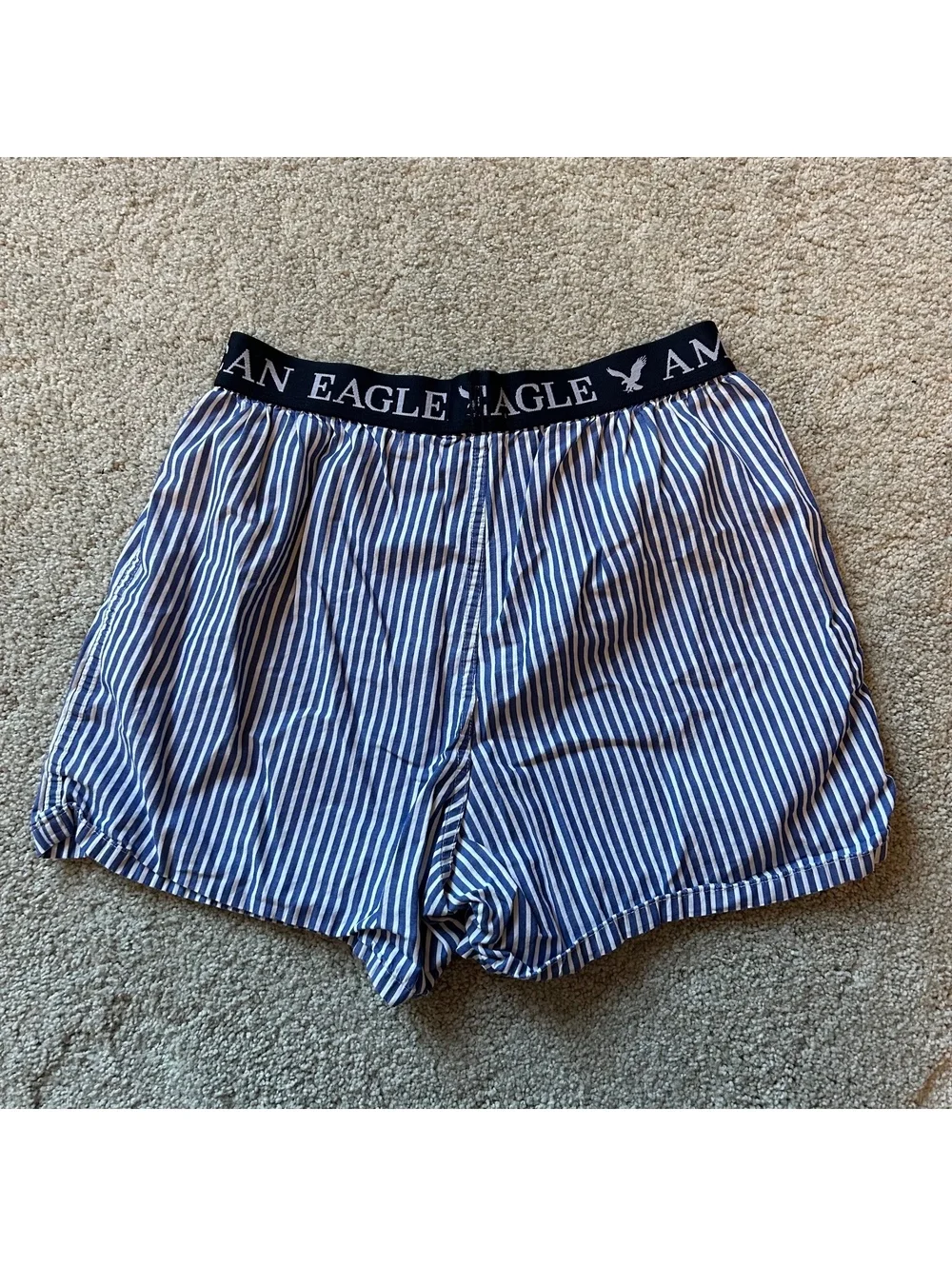 American Eagle Blue and White Striped Cotton Boxer Shorts Size S